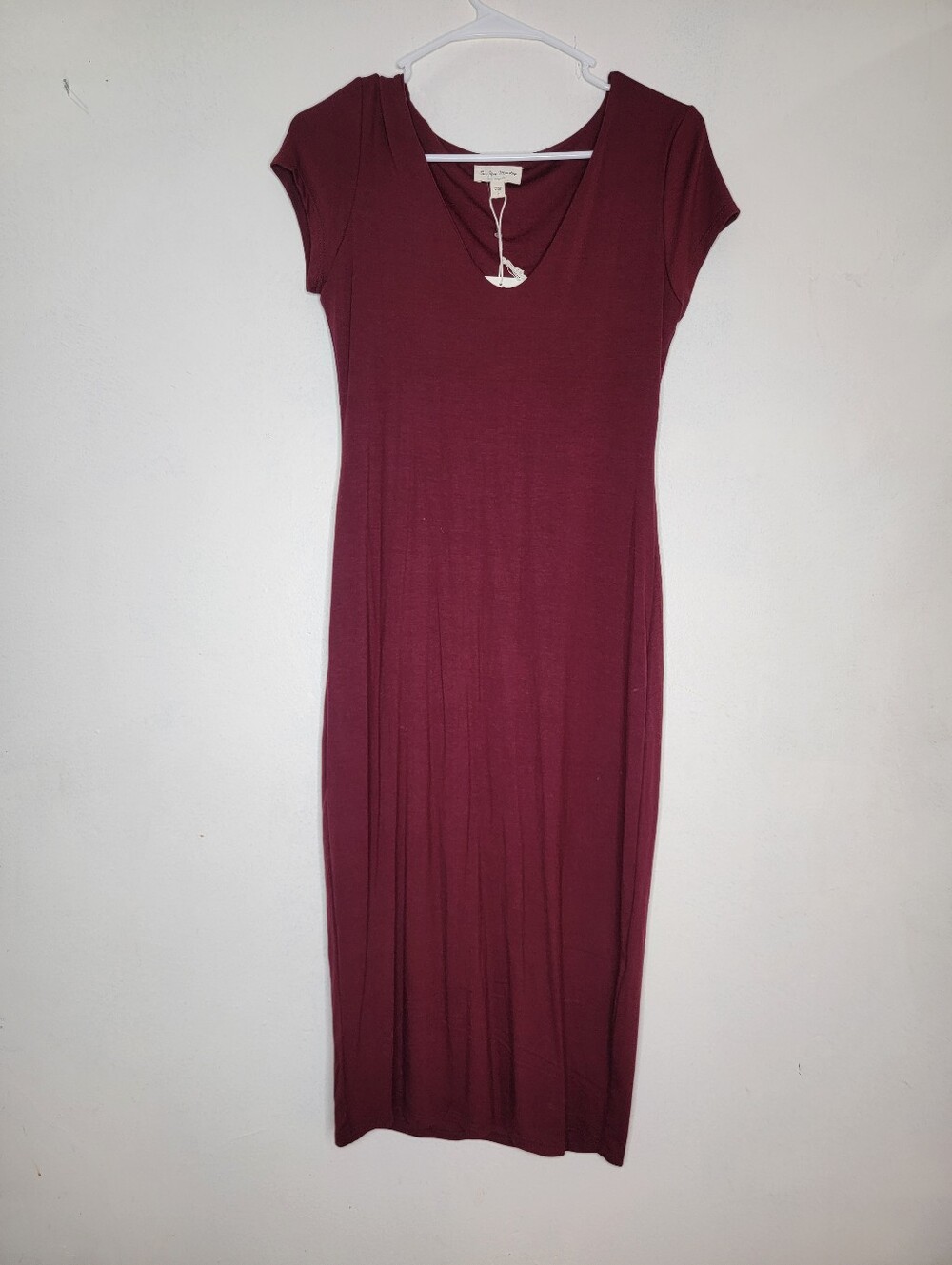See You Monday Burgundy V-Neck Cap Sleeve Midi Dress